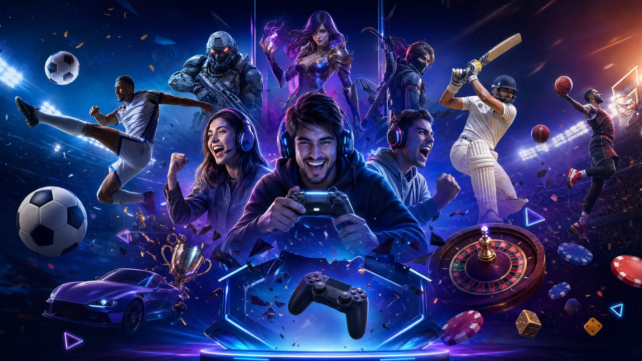 Sports-themed illustration with football, athletes and casino motifs